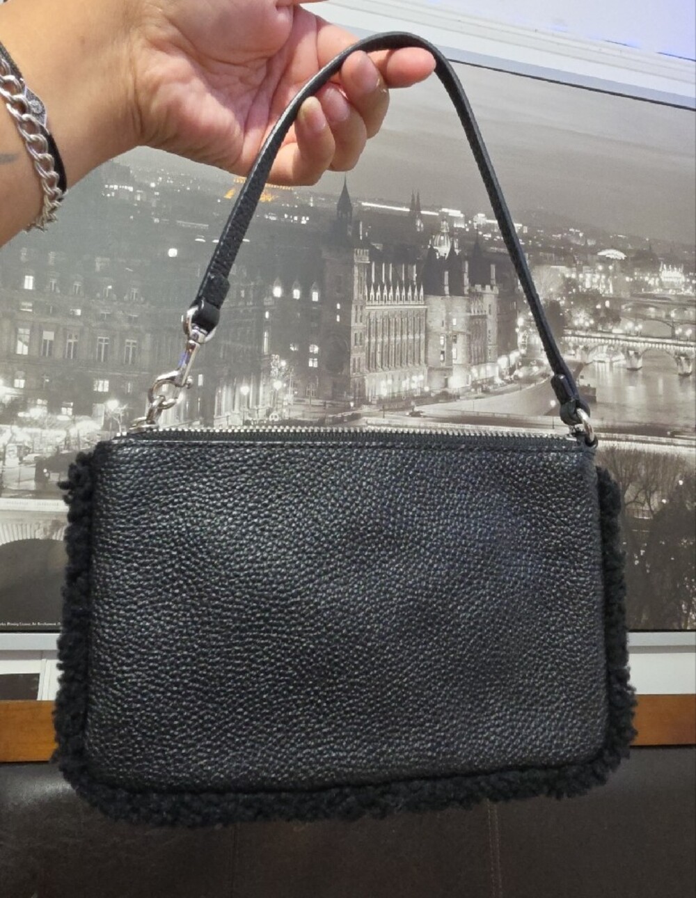 Coach Black Pebbled Leather Wristlet with Shearling Trim - Picture 2 of 7